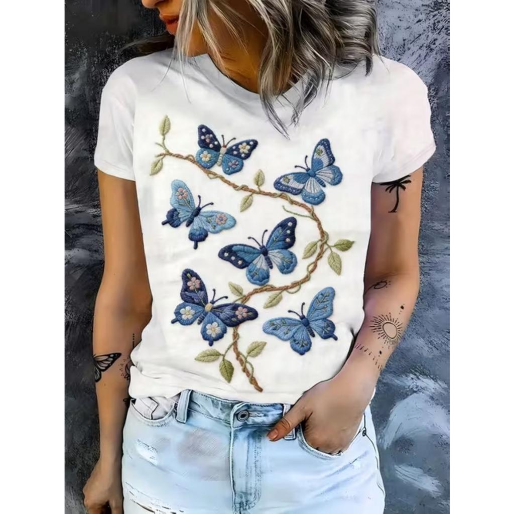 Camiseta Colorida com Estampa de Borboletas para Mulheres, Camiseta Casual Engraçada com Gola Redonda e Mangas Curtas, Camiseta Feminina de Verão