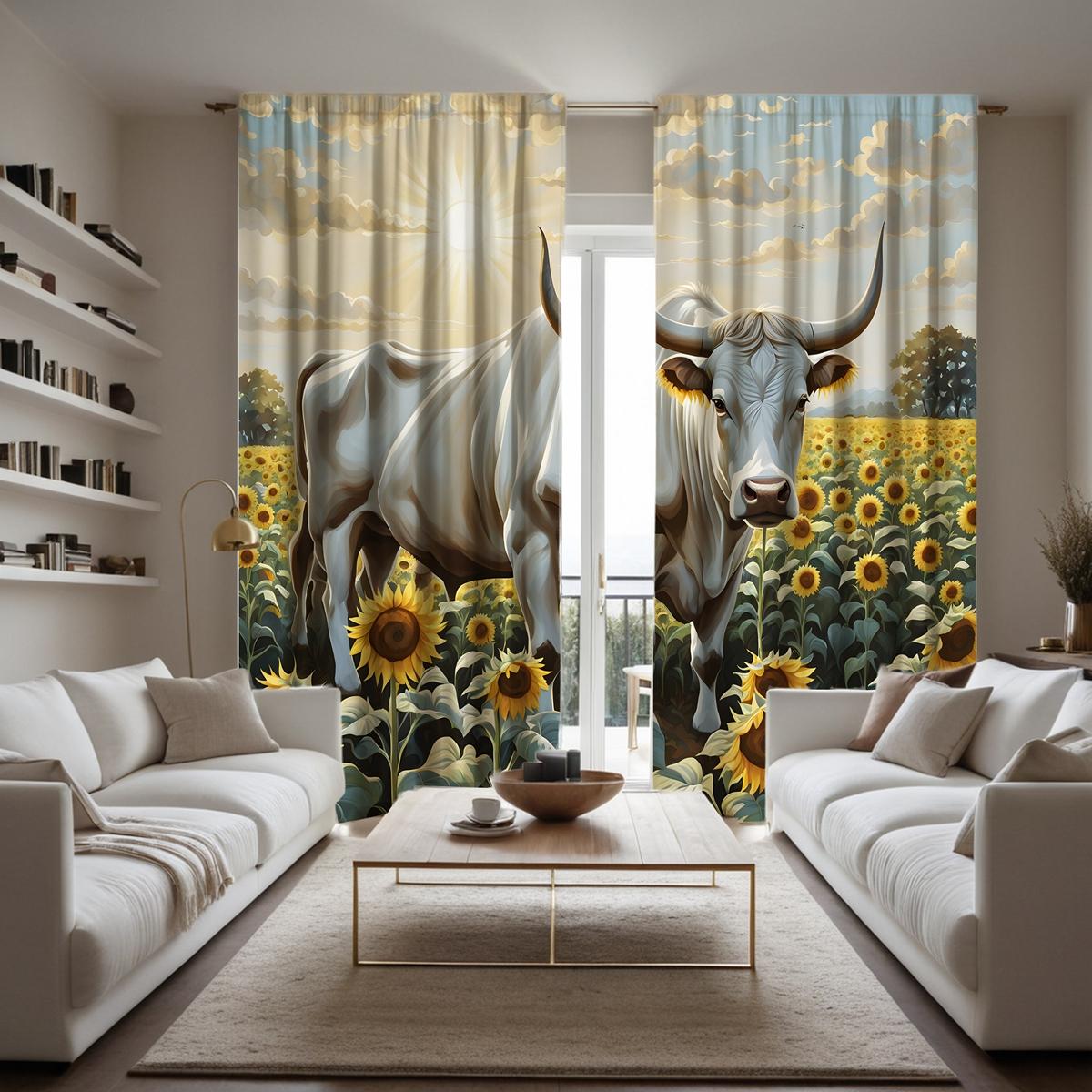 

2 шт. HD Подсолнух Сад Белый облако бизон декоративная занавеска Желтая завязка цифровая печать занавеска украшение дома стиль decora W52H63inchW132H160cm