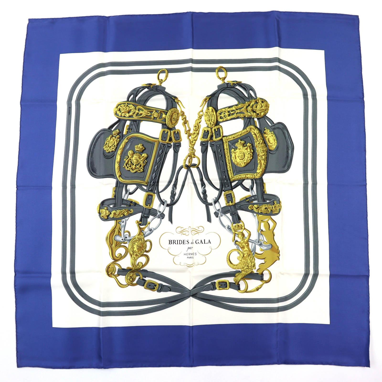 Отличный Шарф HERMES BRIDES de GALA Ceremony Bridle синий шелк Женский Б/У