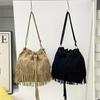 Korean Style Suede Handbag PU Leather Drawstring Bucket Bag Fashion Tassel Shoulder Bag  Women
