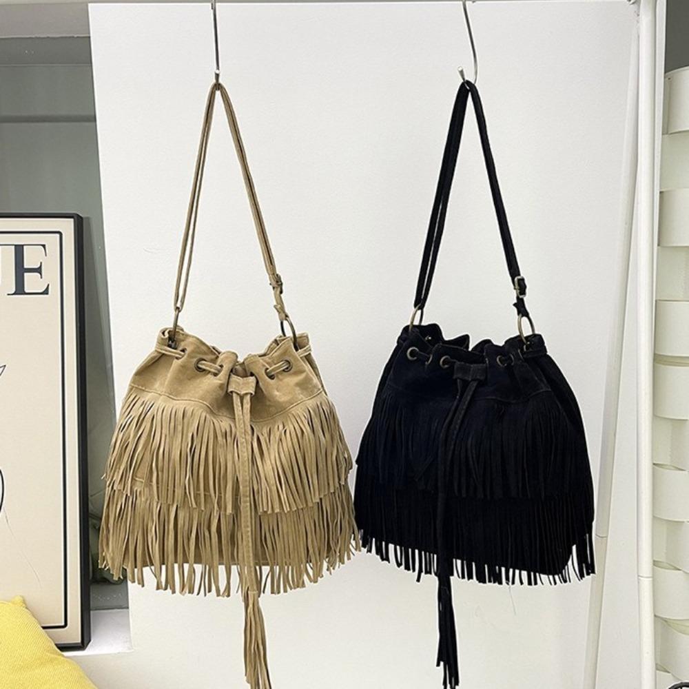 Korean Style Suede Handbag PU Leather Drawstring Bucket Bag Fashion Tassel Shoulder Bag  Women