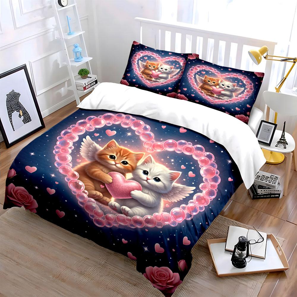 "Angel Cats Heart Bedding Set" Bedding Duvet Cover Set Duvet Cover Pillowcases (1 * Duvet Cover 2 * Pillowcases, Without Duvet Insert)