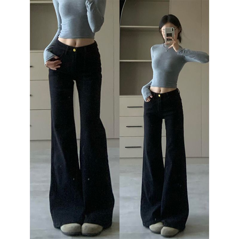 

Black Weila Denim Female 2025 Spring & Fall New Arrival High Waist Loose and Slimming Elastic Small Man Wide-Leg Bell-Bottoms Black Nine Points [Little Man Version]] L