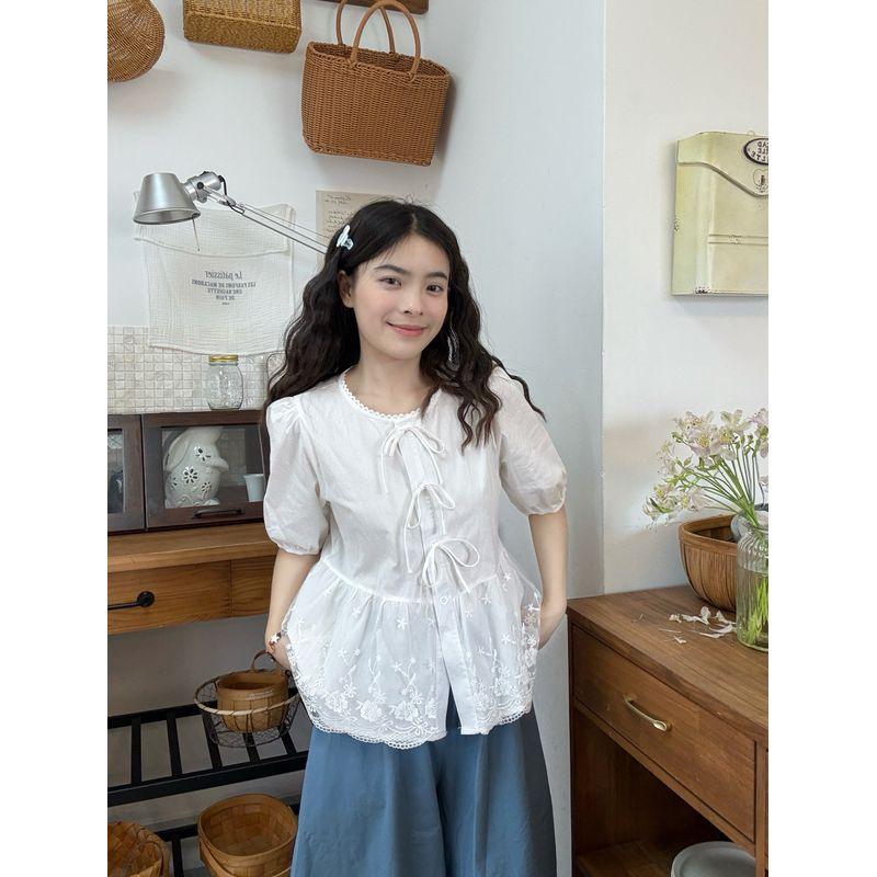 Kumikumi Sweet Style French style Lace Short sleeve Shirts Women clothes Summer Lace-up Design Sense Younger Top