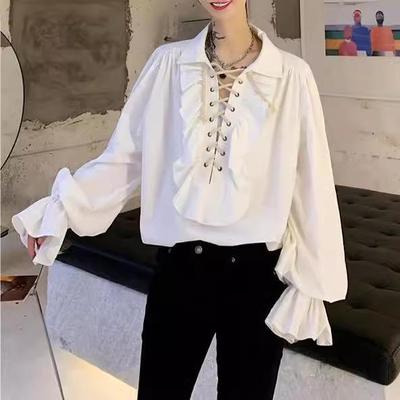 Unisex-Retro-Langarmshirts mit Rüschen und Kordelzug, inspiriert von europäischen und amerikanischen Trends – Palace Shirts im Promi-Stil.