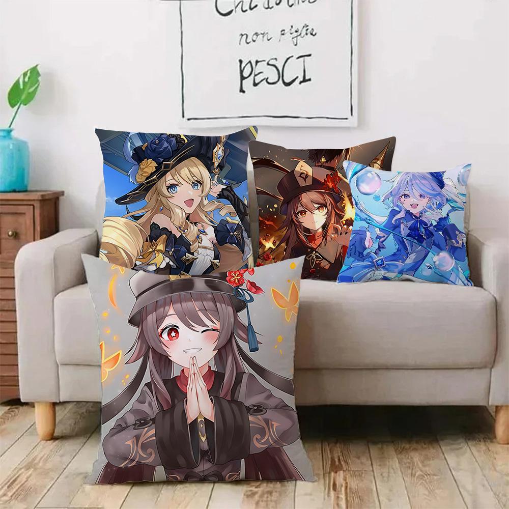 Anime Genshin Impact Pillow Covers Cartoon Sofa Decorative Home Double-Sided Printing Short Plush Cute Cushion Cover