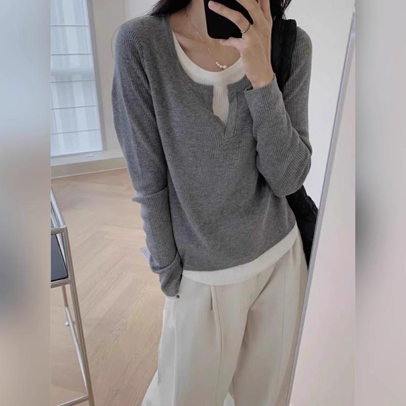 Soft waxy collar fake two-piece contrasting sweater women's knitted bottoming shirt spring age-reducing long-sleeved top tide