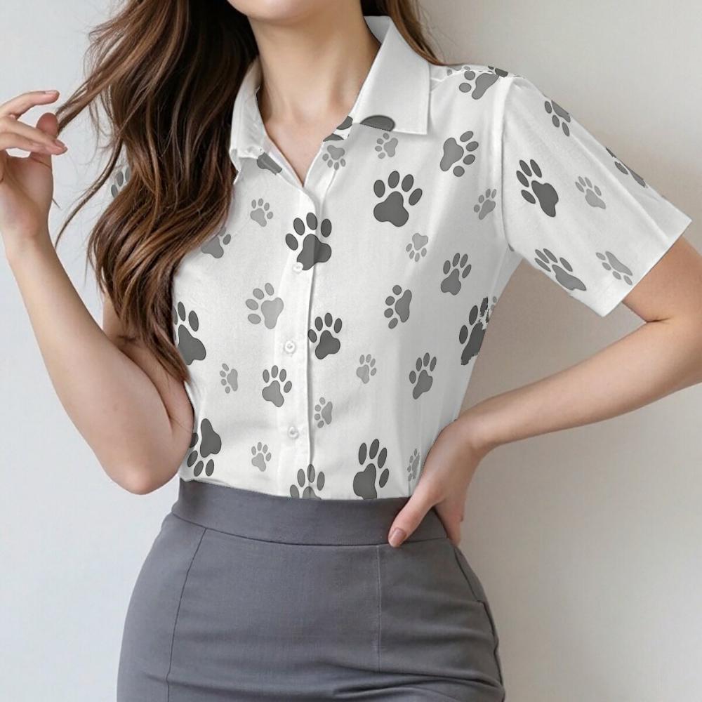 Simple and personalized cartoon claw print women s summer collar short sleeved shirt, fashionable daily versatile top XL