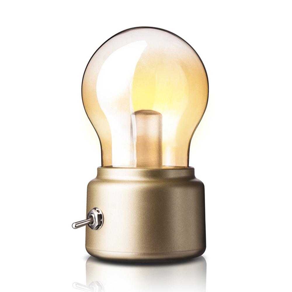 

Retro Bulb Shape Bedside Desktop LED Lamp Rechargeable ABS+Glass Night Light Gold