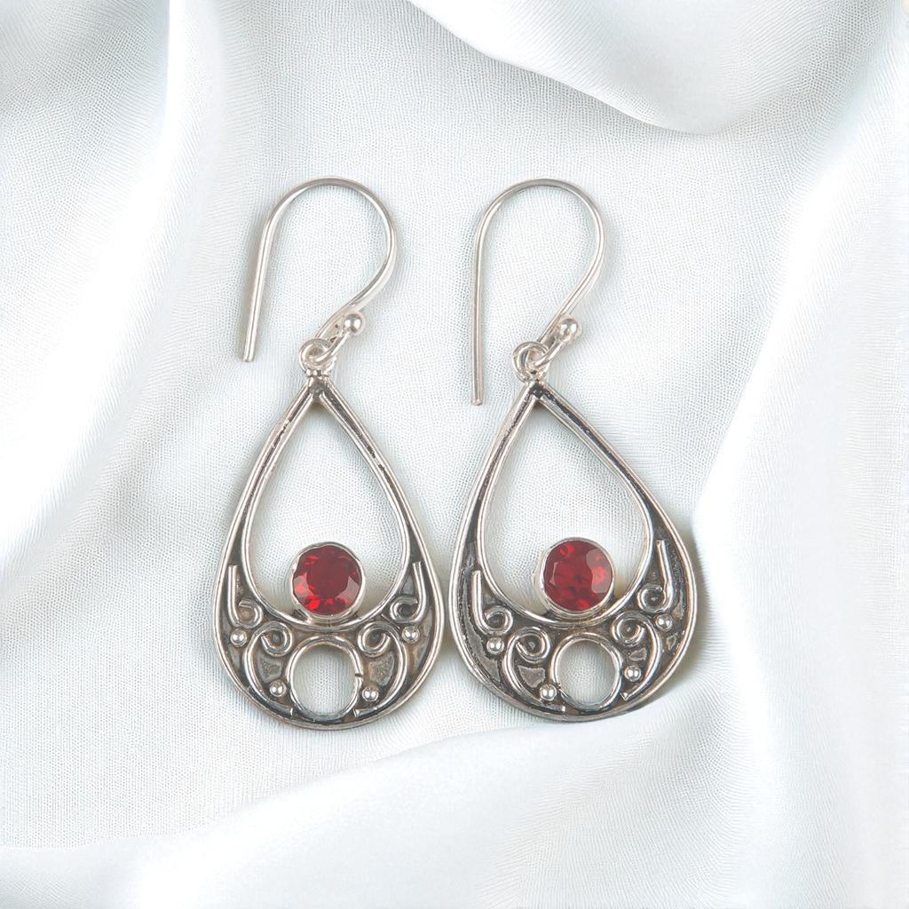 Red Garnet Gemstone 925 Sterling Silver Handmade Jewelry Dangle Earrings 1.91" EE-90-23
