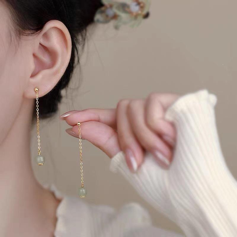 2023 High-End 925 Silver Long Tassel Earrings with Hetian Jade - Summer Drop Earring Accessories for Women