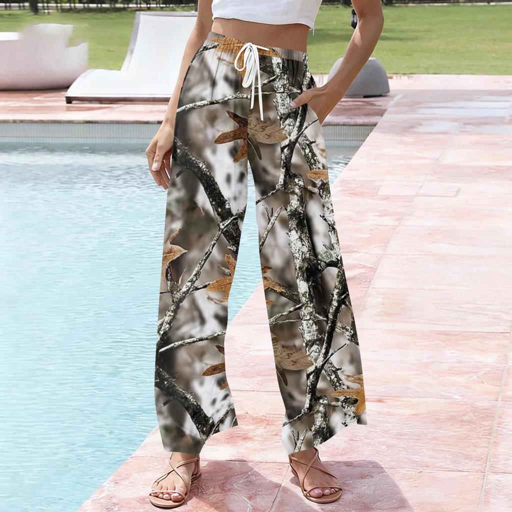 Women’s Wide Leg Drawstring Waist Pants Loose Fit Camouflage Print High Waist Casual Trousers with Pockets for Daily Wear