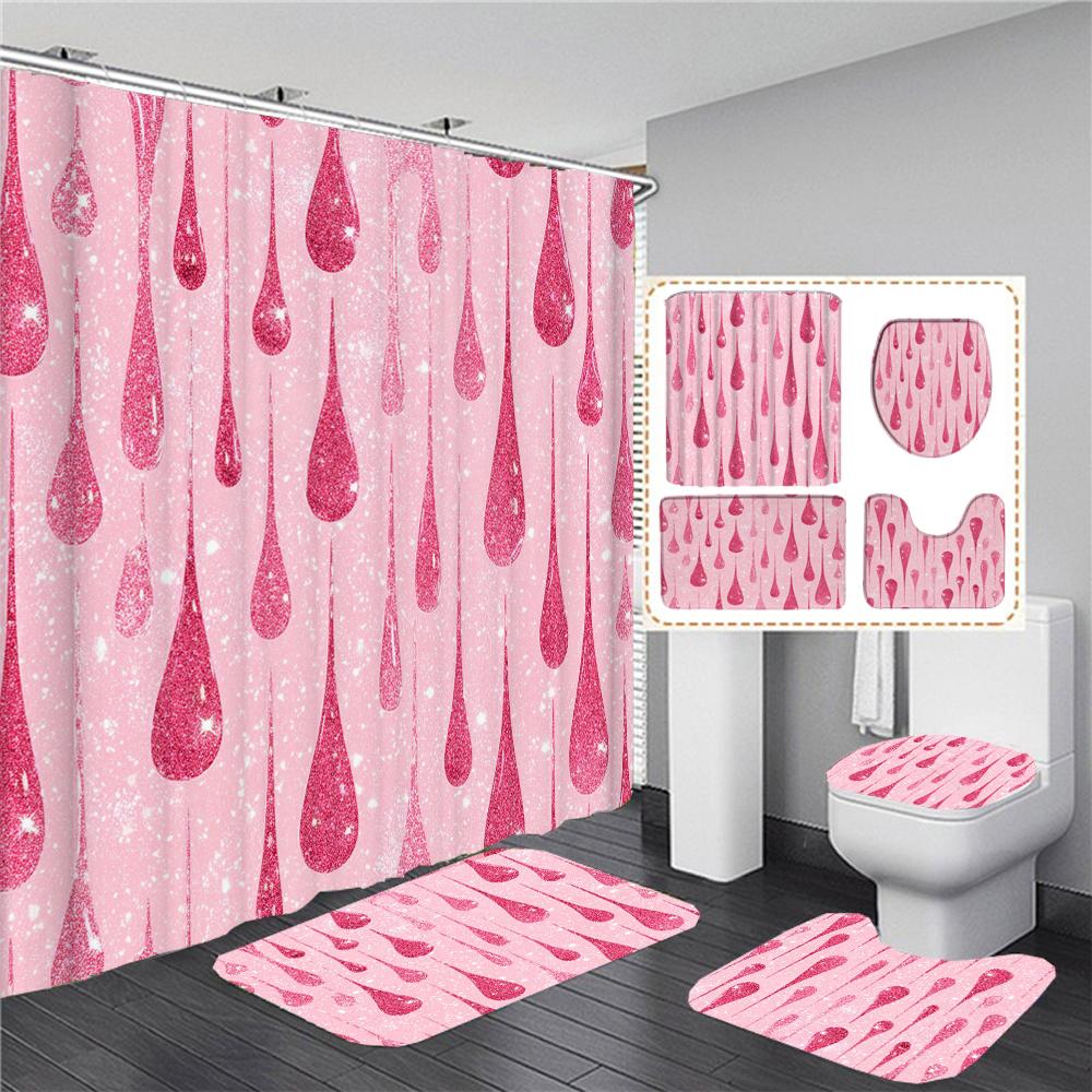 Sparkling Golden Red Shower Curtain Set With Non-Slip Rugs Toilet Lid Cover And Bath Mat Glitter Shower Curtain Bathroom Decor