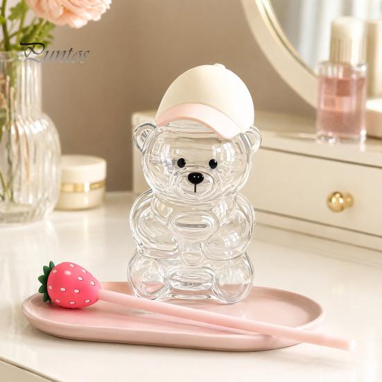 Set di Testa di Paglia Cartoon Orsetto Carino Tazza di Vetro con Coperchio, Bottiglia d'Acqua in Plastica/Vetro da 500/591ml per Grandi Capacità Bevande Fredde/Calde, Motivo Caffè