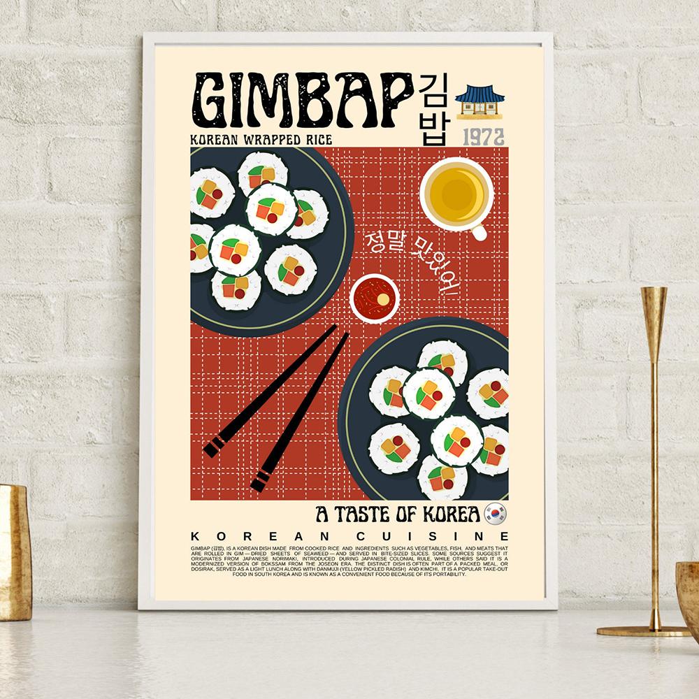 Gimbap Kimchi Bibimbap Poster Vintage Korean Food Vintage Wall Art Picture Cooking Canvas Painting Modern
