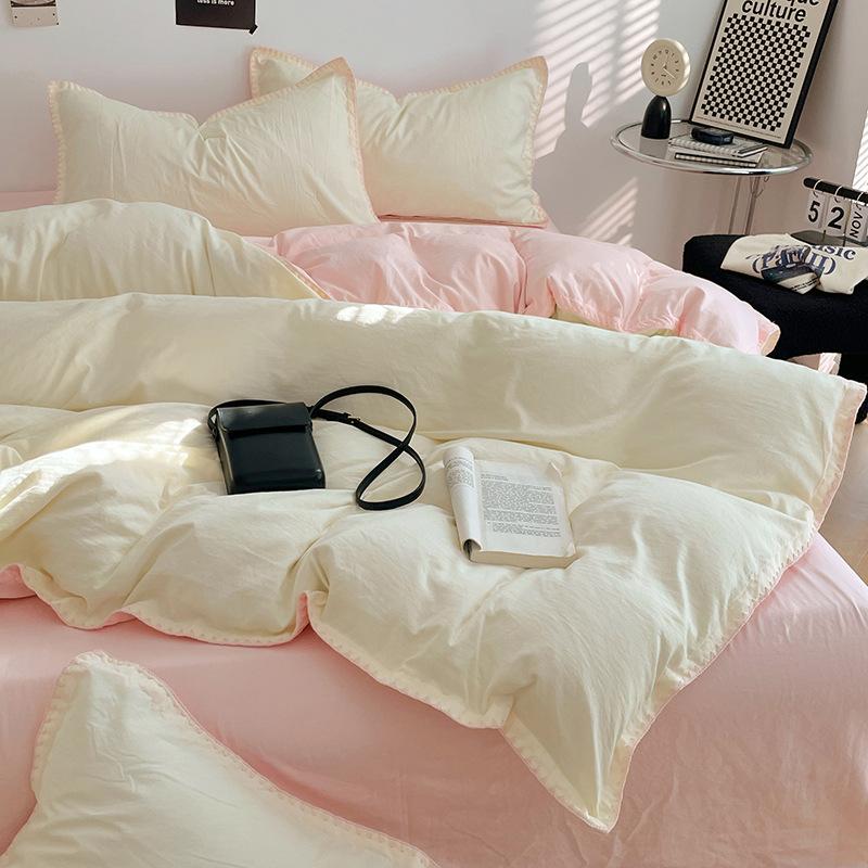 Solid Color Soft Duvet Cover Set Skin Friendly Washable Cotton Queen Bedding Set with Comforter Cover Bed Sheet and Pillowcases