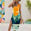Women Plus Size Sleeveless U Neck Printed Gradient High Side Slit Long Dress
