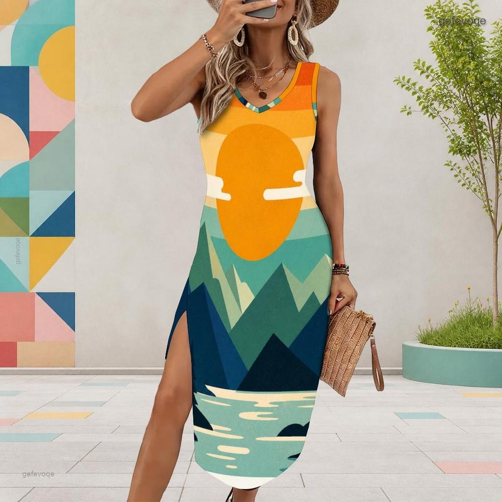 Women Plus Size Sleeveless U Neck Printed Gradient High Side Slit Long Dress