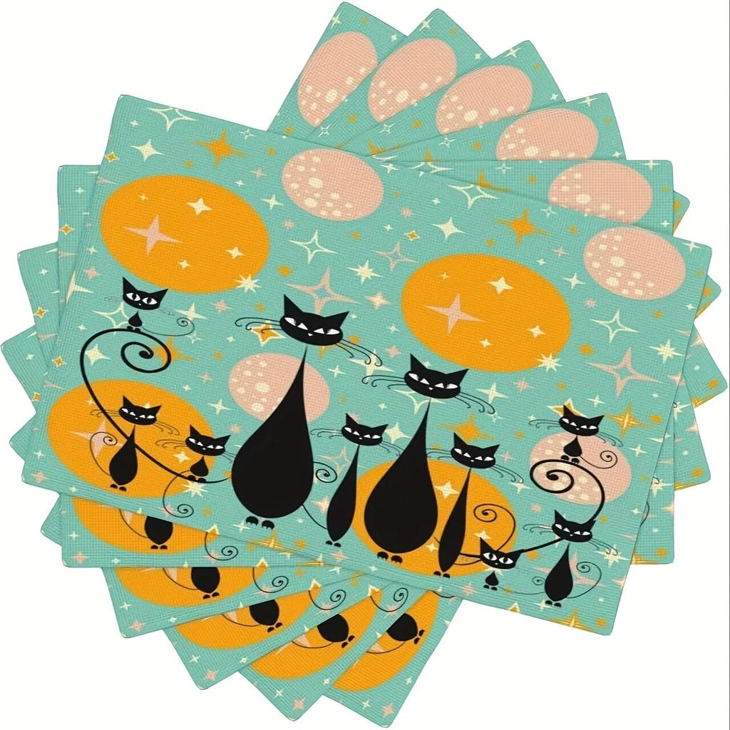 4PC Set of Medieval Black Cat Placemats Vintage Naughty Cat Abstract Geometric Atomic Starburst Placemat