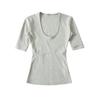 U-neck Medium-sleeved T-shirt Women's Summer New American Spice Girl Style Solid Color Slim-fitting Short Bottoming Shirt Top