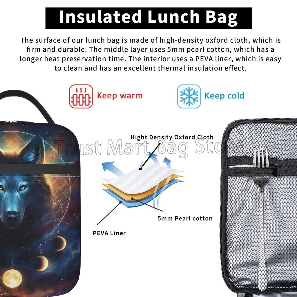 Wolf Dreamcatcher Art Thermal Lunch Bag for Women Reusable Portable Lunch Box Waterproof Cooler Tote Bag for Work Travel Picnic