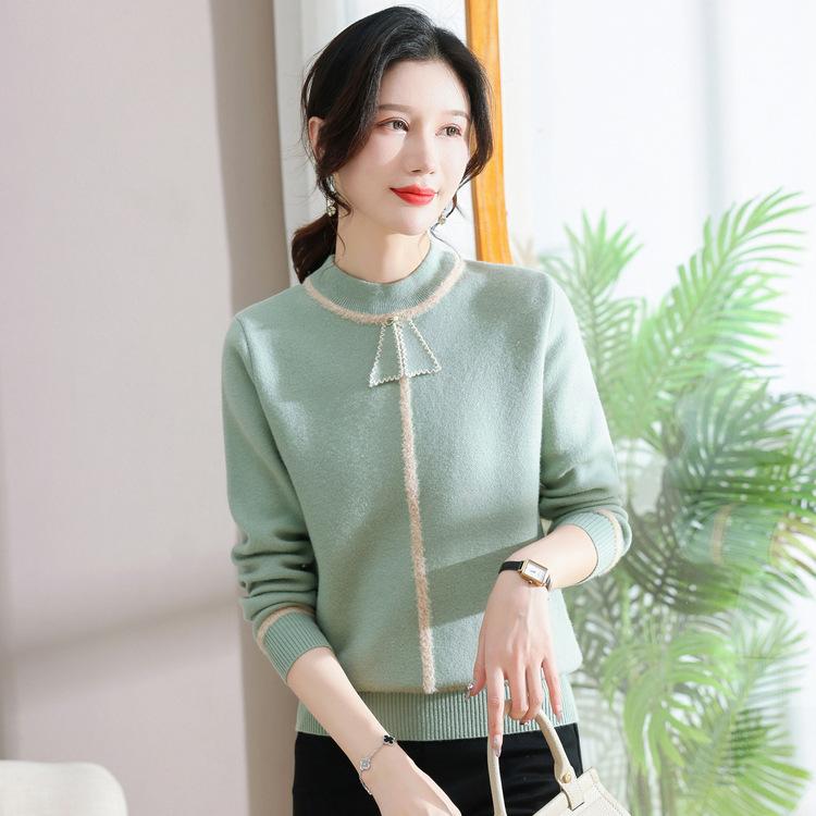 New Western-style Thin Middle-aged and Elderly Autumn Long-sleeved Shirt Knitted Pullover Autumn Middle-aged Ladies and Mothers Bottoming Shirt