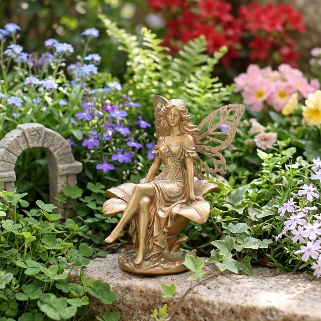 Resin Flower Fairy Statue Sitting On Flower For Spring Summer Outdoor Garden Decoration Yard Lawn Ornament