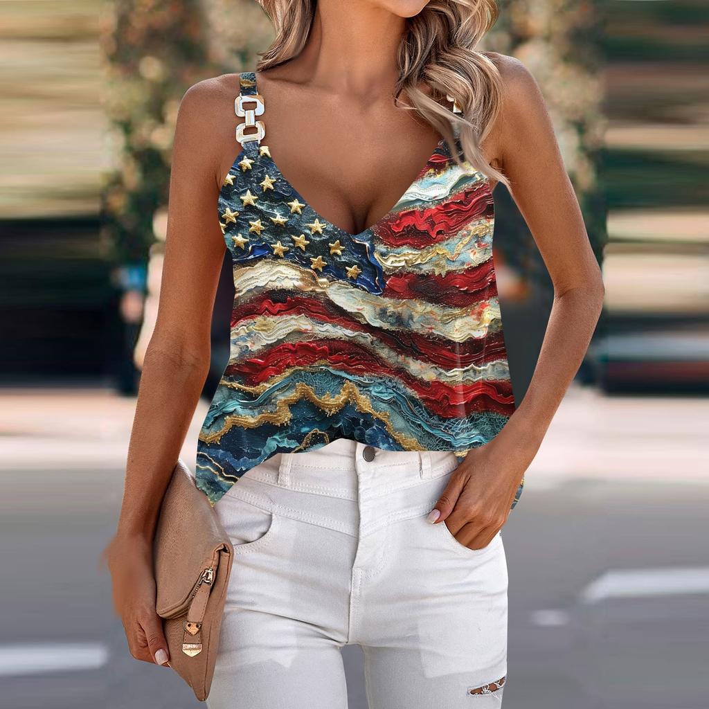 Womens Summer Tank Tops Strap Casual Loose Fit V Neck Sleeveless Print Tops