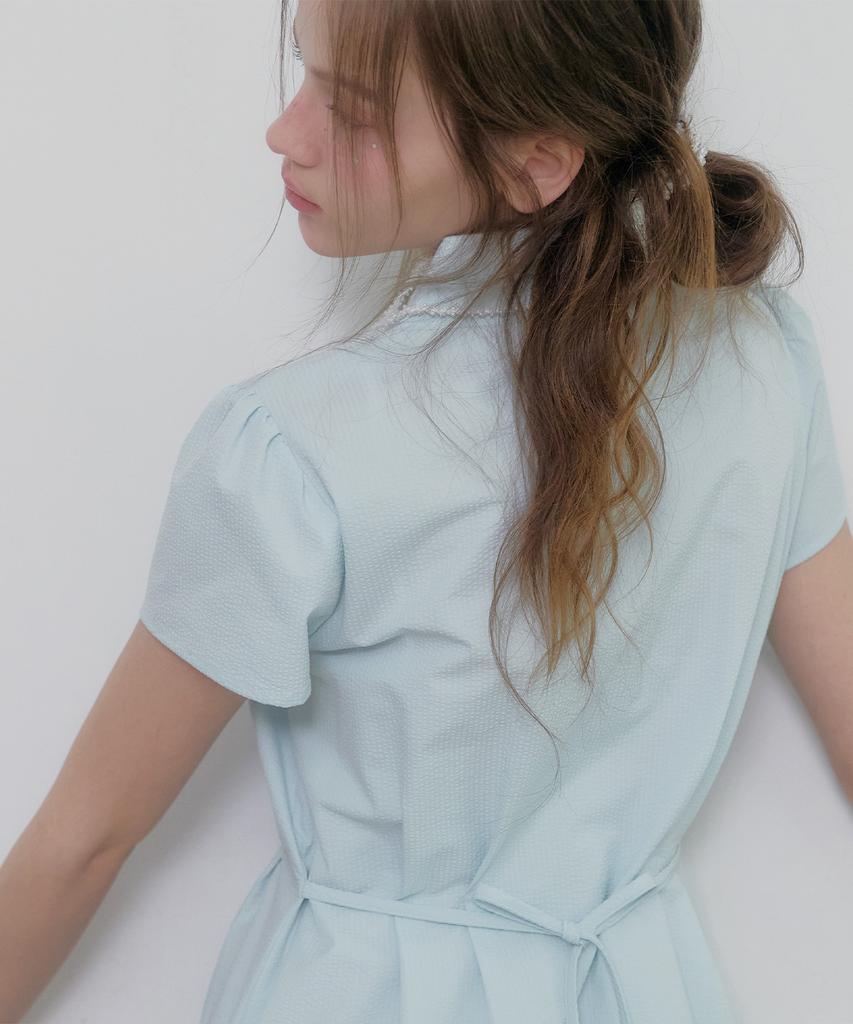 Teuwi D-Ring Open Collar Seersucker Pintuck Long Dress