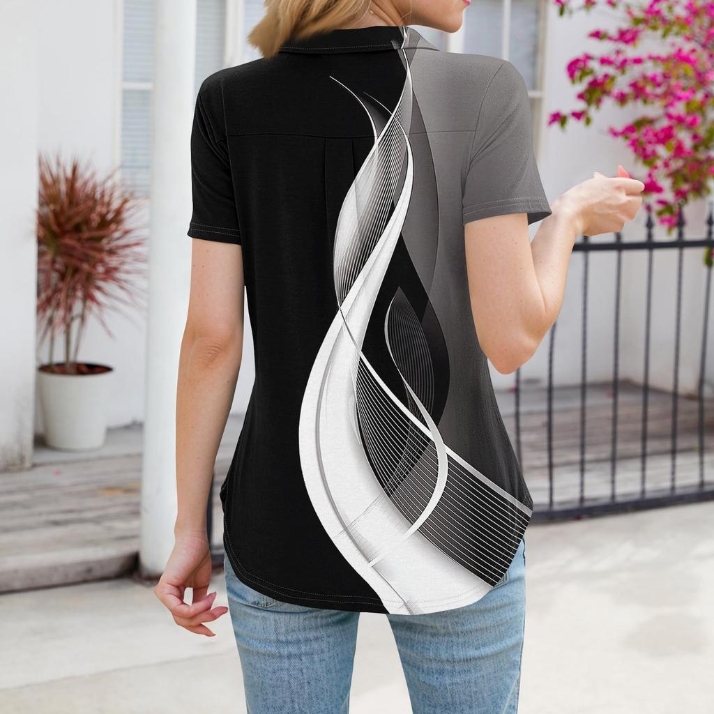 Damen Bluse Sommer Business Casual Arbeitstops Kurzarm Button-Down-Kragen V-Ausschnitt Bluse T-Shirt