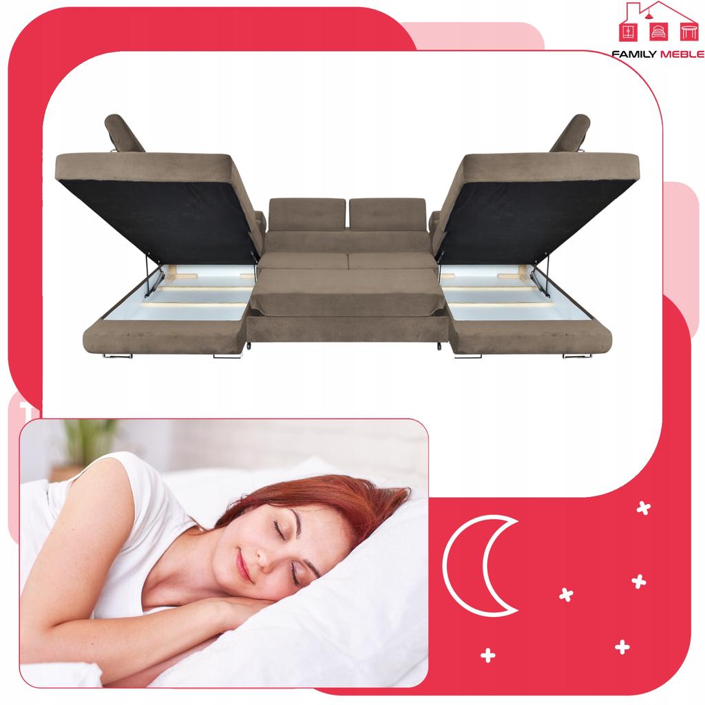 Narożnik kształt U rozkładany f. spania Bosso Family meble brązowy welur