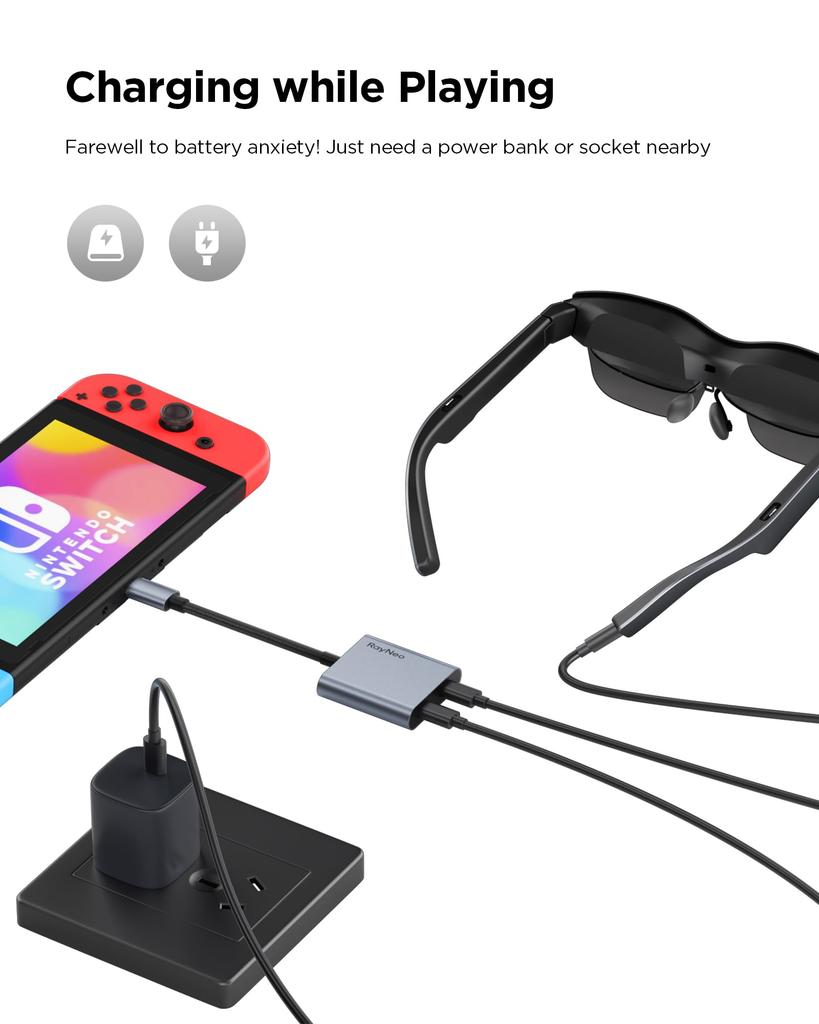 RayNeo AR Glasses 4K 100W PD Charging Compatible with Steam ROG Mac and Compatible with Air Air and Air 2 USB-C Adapter, 60Hz, Support, Switch, PS5,
