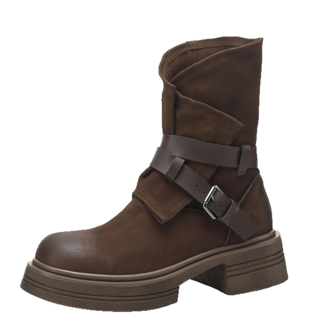 2026 Autumn New Dark Brown Retro Old Color Fashion Boots Women's Thick Heel Low Heel Round Head British Mid-style Boots