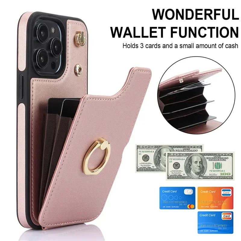 Ring Crossbody Leather Wallet Card Solt Phone Case for iPhone 16E 16 Pro Max 15 14 Plus 13 12 11 X SE 2022 Flip Purse Cover Bag