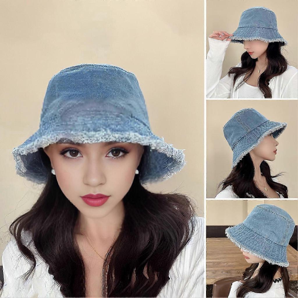 Women Bucket Hat Sun Protection Anti-UV Wide Brim Ripped Edge Flat Top Foldable Retro Windproof Breathable Outdoor Camping Fishing Sun Cap