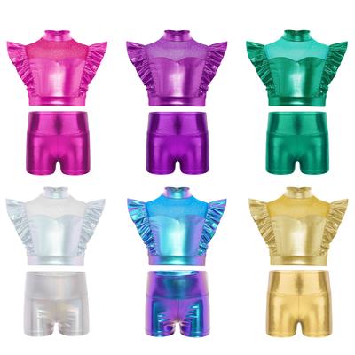 Conjunto de Baile de Jazz para Niñas Cuello Alto Malla con Pedrería Patchwork Sin Mangas Metalizado Volante Top Corto Pantalones Cortos Brillantes