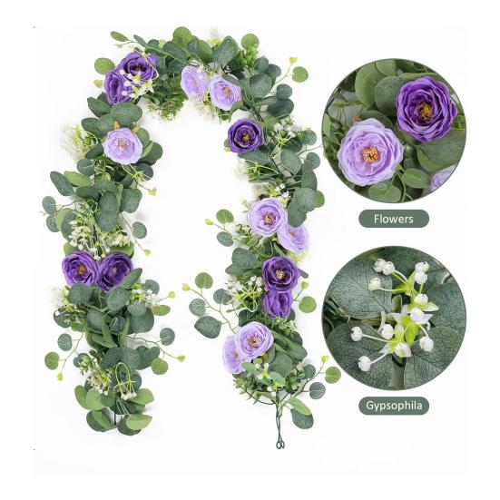 Artificial Eucalyptus Flower Garland with Rose Faux Floral Greenery Garland Fake Rose Flower Vine for Wedding Party Wall Backdrop Decor