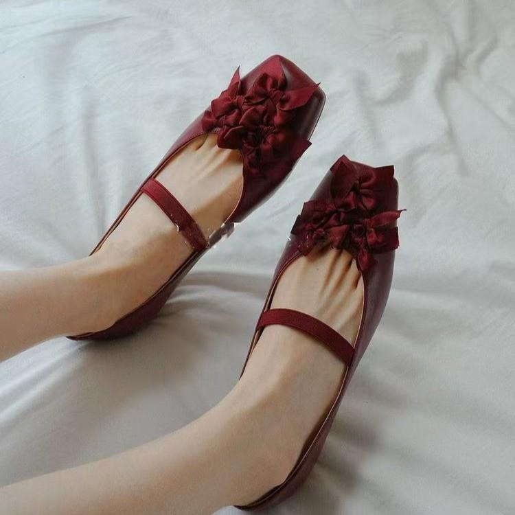 Square Toe Shallow Mouth Low Heel Single Shoes Women's Fashion Bow Soft Sole Non-Slip Slip Strap Low Top Shoes