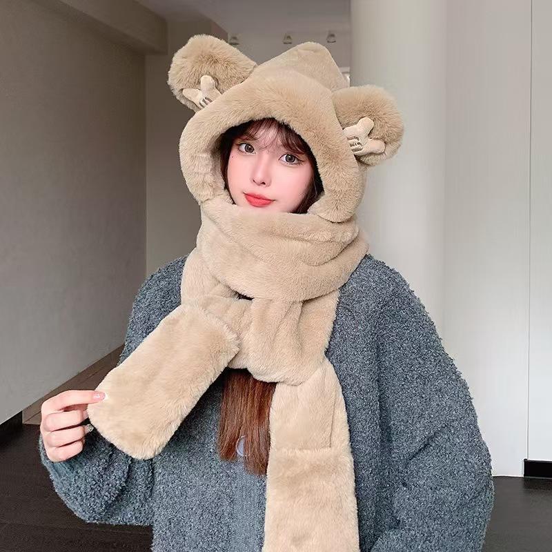 Bear girl winter plush hat scarf integrated thickened cute warm plush ear protectors hooded gloves three-piece set