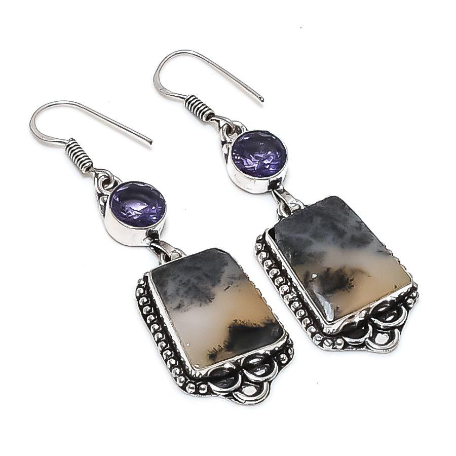 

Натуральный дендритовый опал, аметист, ювелирное изделие из стерлингового серебра 925 пробы, серьга 2,32 g8h67