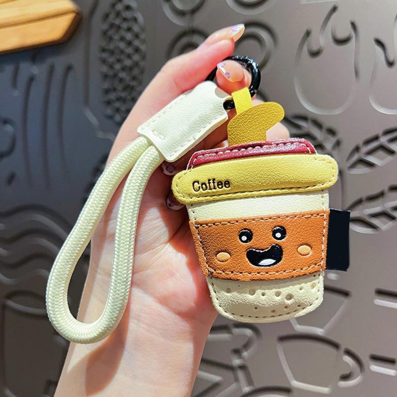 Mignonnes Frites Thés au Lait Porte-clés en Cuir PU Breloque de Sac Pour Couples Accessoire de Mode Pratique Fermoir Métallique Sécurisé