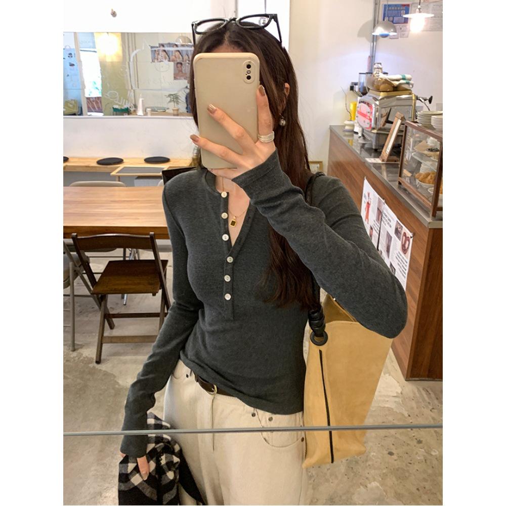 Women's Wine Red Button-Up Henry Collar T-Shirt - Spring/Autumn Waist-Cinching Long Sleeve 2026