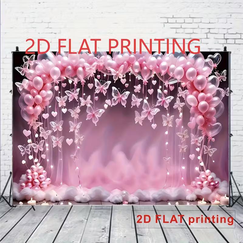 2D Pink Butterfly Balloon Backdrop, Fairy Girl Birthday Party Photography Background