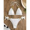 Women's Black Textured Fabric Gold Chain Decorated Triangle Two-Piece Bikini Swimsuit