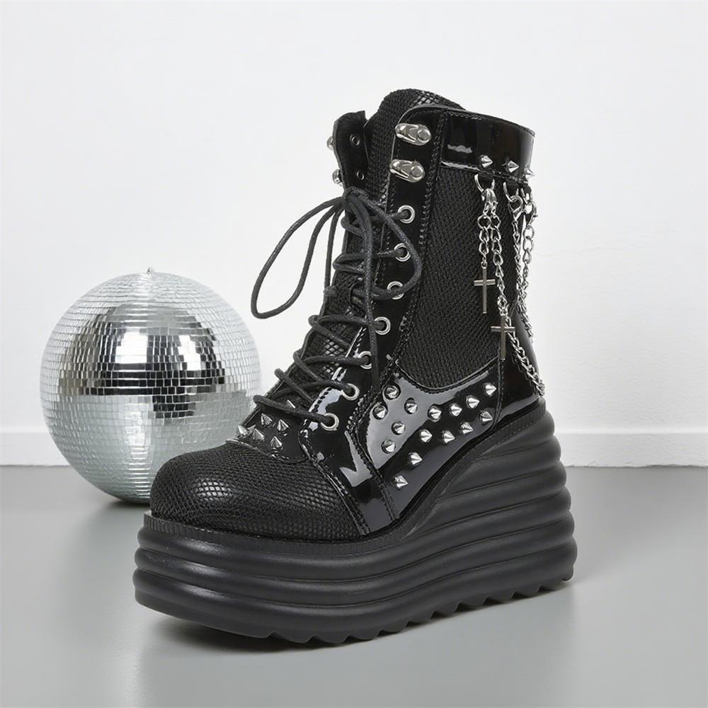 

Gothic Y2k Women Ankle Boots Punk Wedges High Heels Platform Stacked Sole Metal Rivet Chain Decor Short Boots For Woman Autumn W 42
