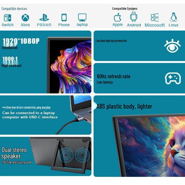15.6" Touchscreen Portable Monitor - P16A Laptop Secondary Display for PS4/Switch.