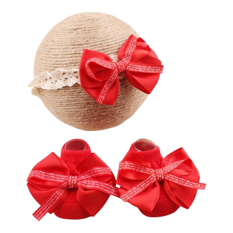 Infant Lace Headband Pairs  with Not  Slip Socks Fashionable Baby Lace Headband Socks Perfect for Photoshoots & Parties