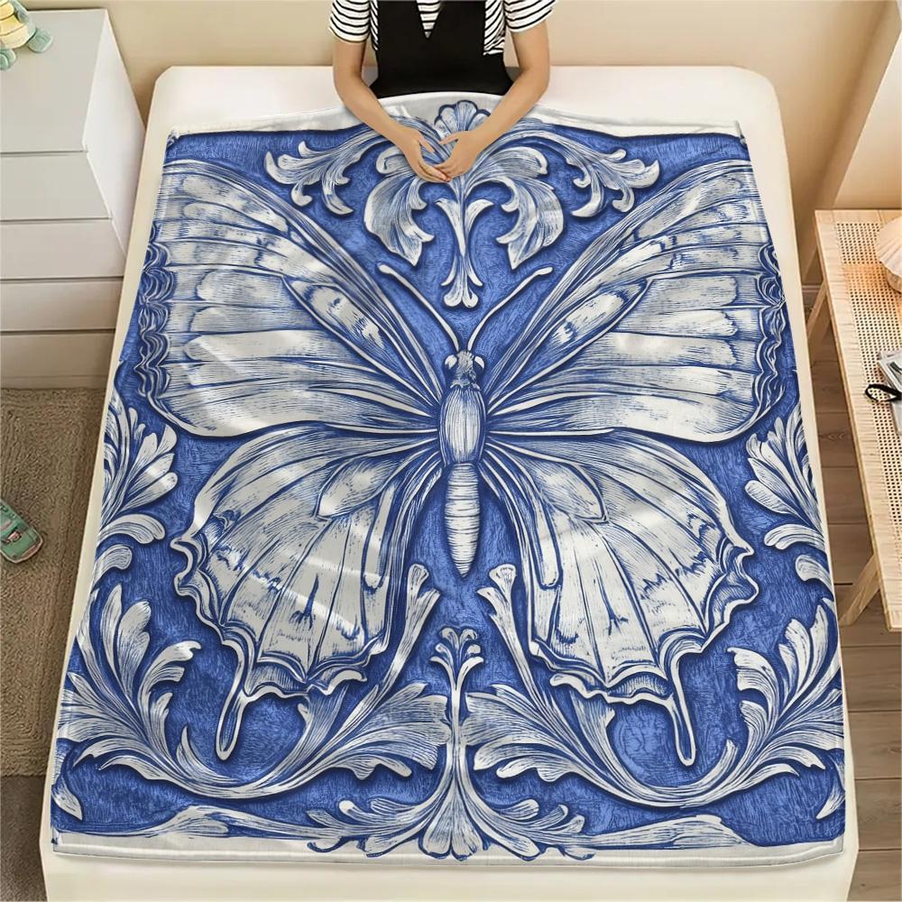 Blue and White Butterflies Print Flannel Blanket, High quality Comfortable for All Seasons, Home Decor, Warmth and Comfort