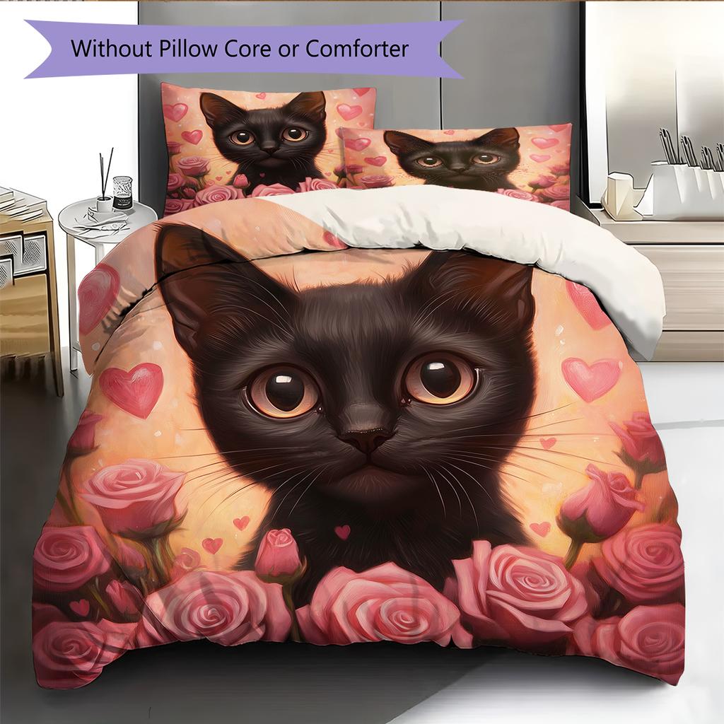 Pink Bombay Cat Pattern Bedding Home Decoration Birthday Gift (1 * Duvet Cover + 2 * Pillowcase, Without Core)