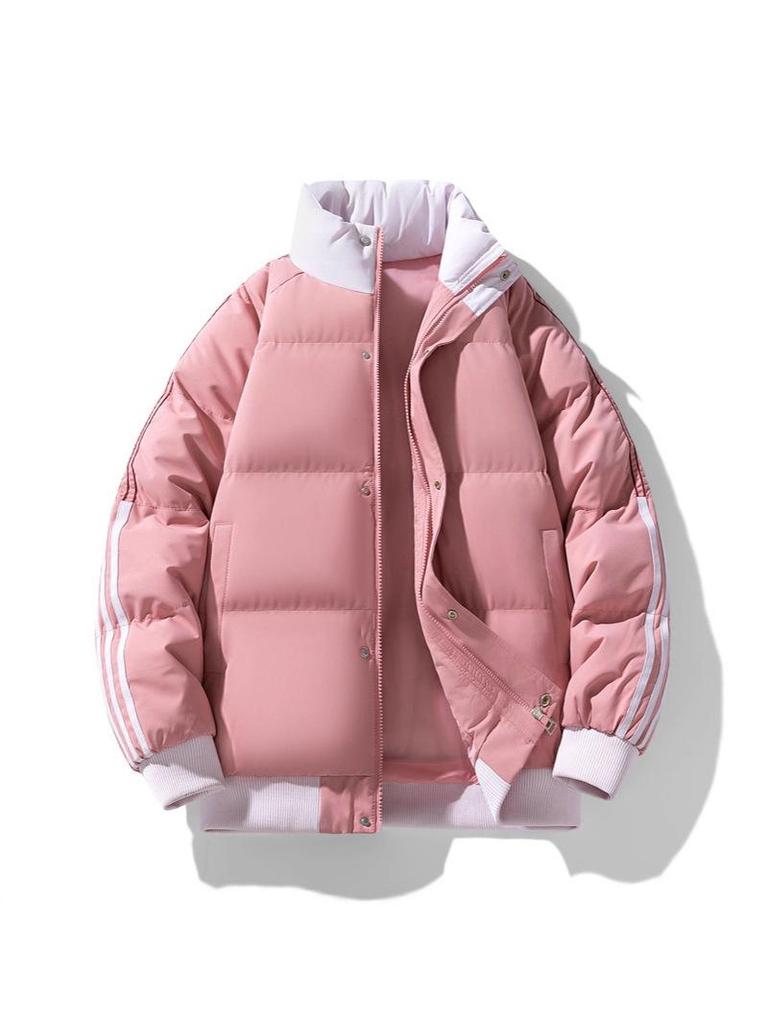 Men's Winter Color Block Stand Collar Jacket: Thick, Warm, Trendy, Versatile, and Casual Striped Outerwear for Couples